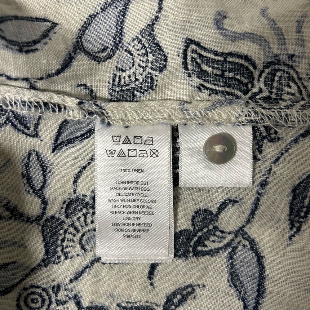 100% Linen Rachel Zoe Blue/Gray Floral Shirt Long Sleeves Roll Tab Buttons Sz M - Picture 10 of 10